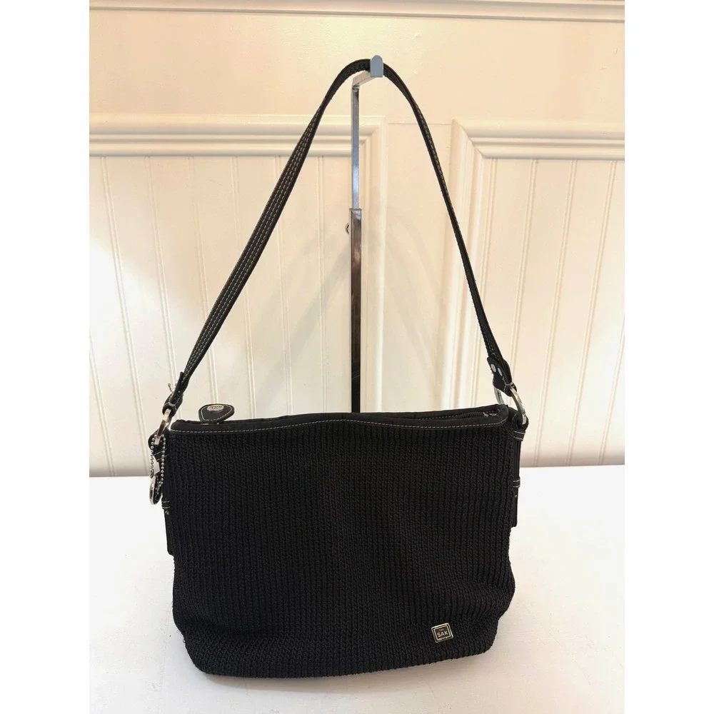 The Sak Shoulder Bag Womens Medium Black Knit Leather Strap Floral Lining